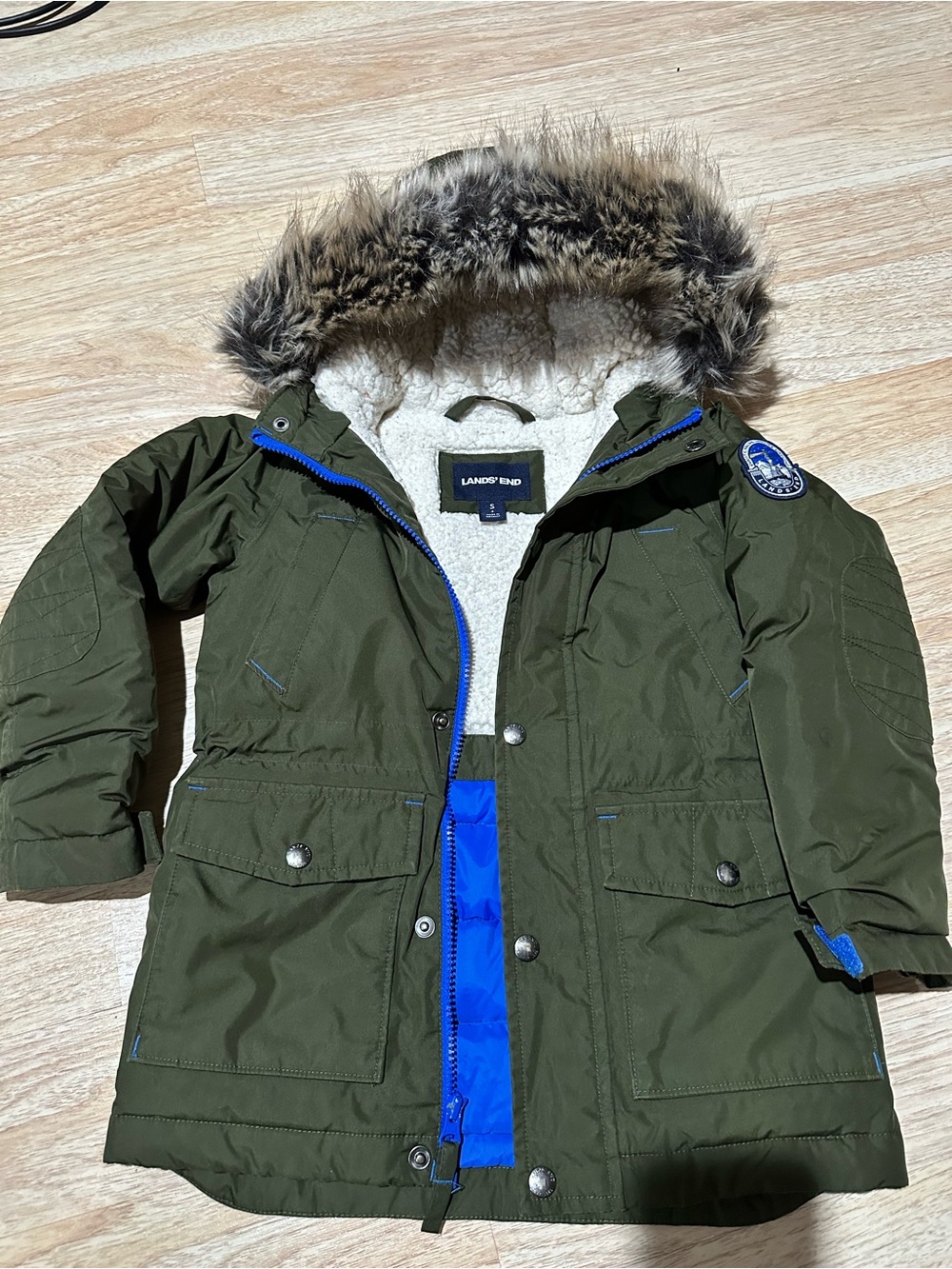 Lands' End Kids' Olive Green Faux-Fur Trim Parka Jacket, Size Small (4)